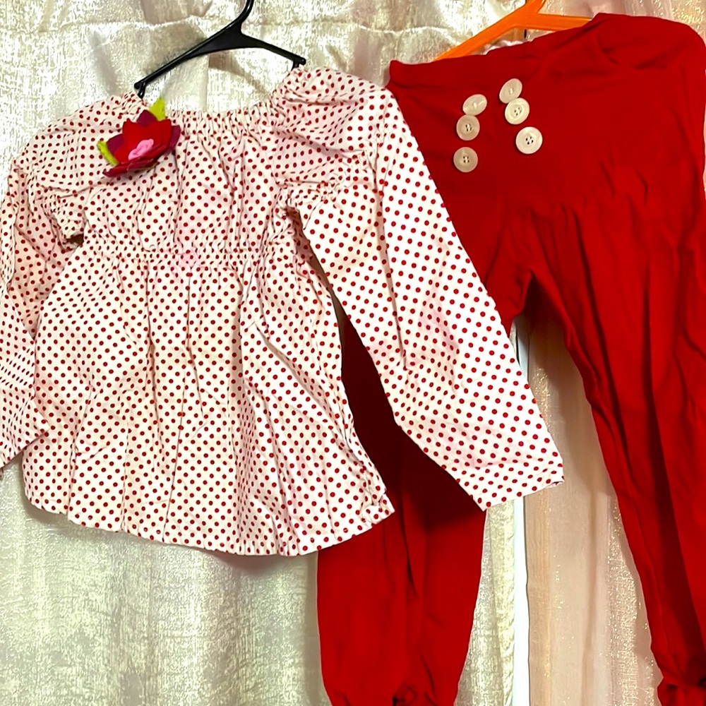 Chatti Patti two piece set in beige and red polka dots and triple button pants